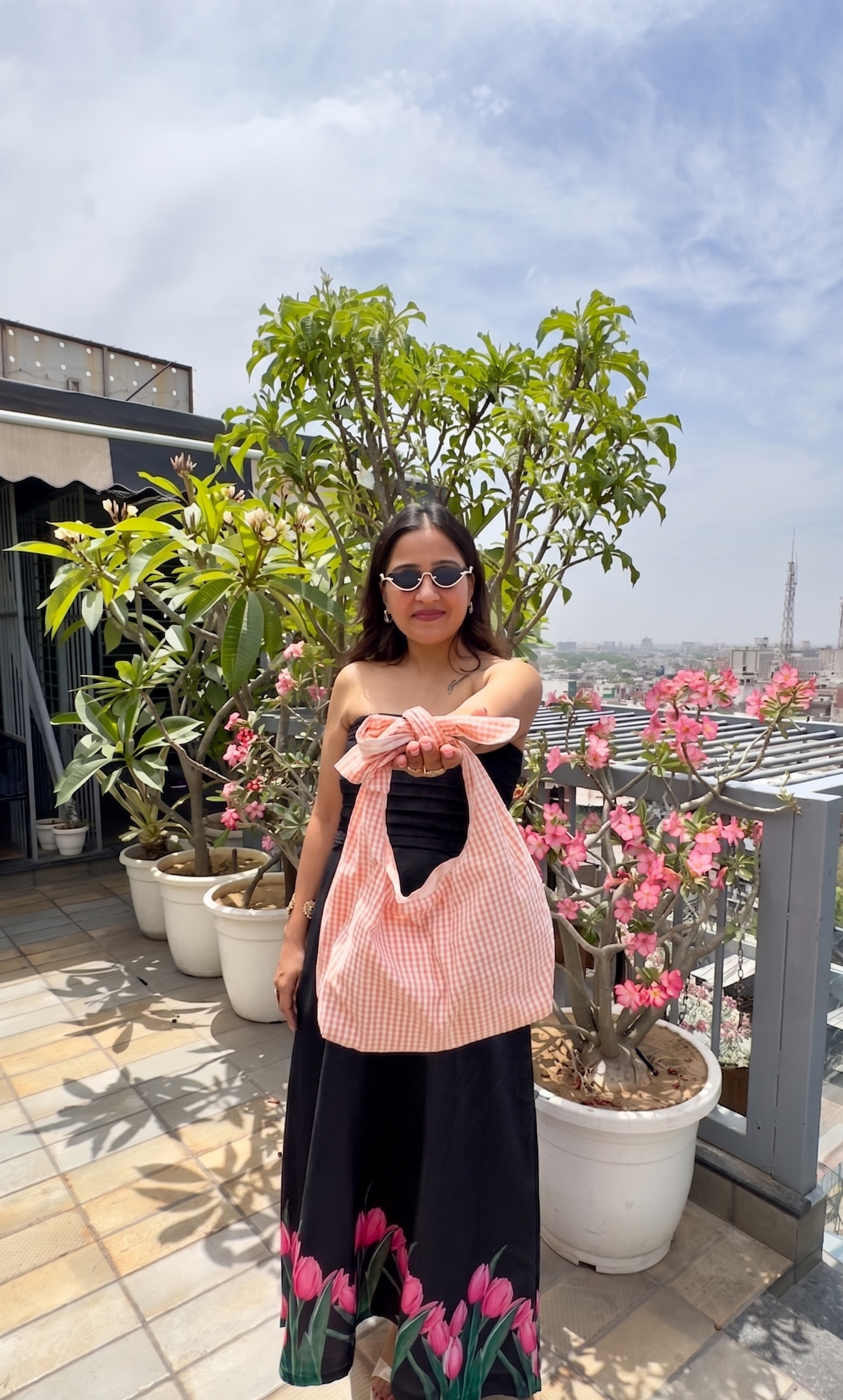 PEACH GINGHAM BOW TOTE