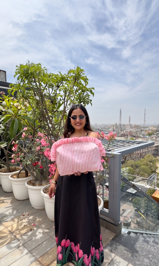 PINK STRIPED RUFFLE BAG